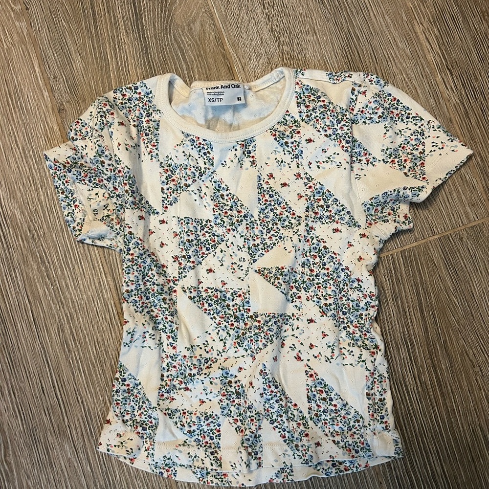 Frank & Oak Cream Short Sleeve Tee with Multi-Color Floral Print